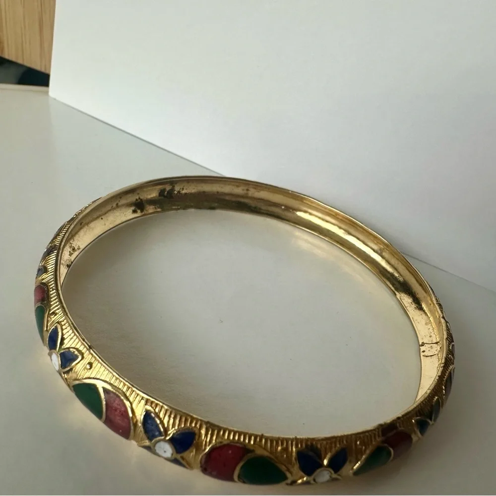 Vintage Cloisonné Gold-Tone Patterned Bangle - Picture 3 of 5